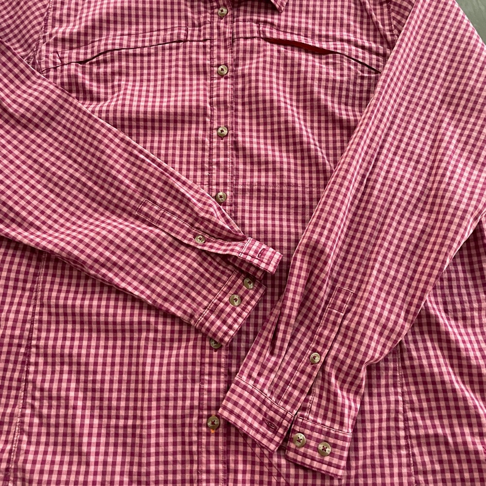 Orvis Women’s Long Sleeved shirt, burgundy and pink check, XL